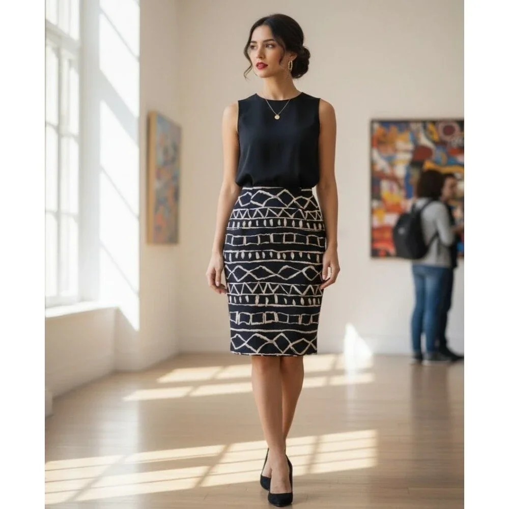 Vtg. Jones New York Black & Gold Aztec Tribal Midi Wrap Skirt Career Global Boho - Picture 1 of 6